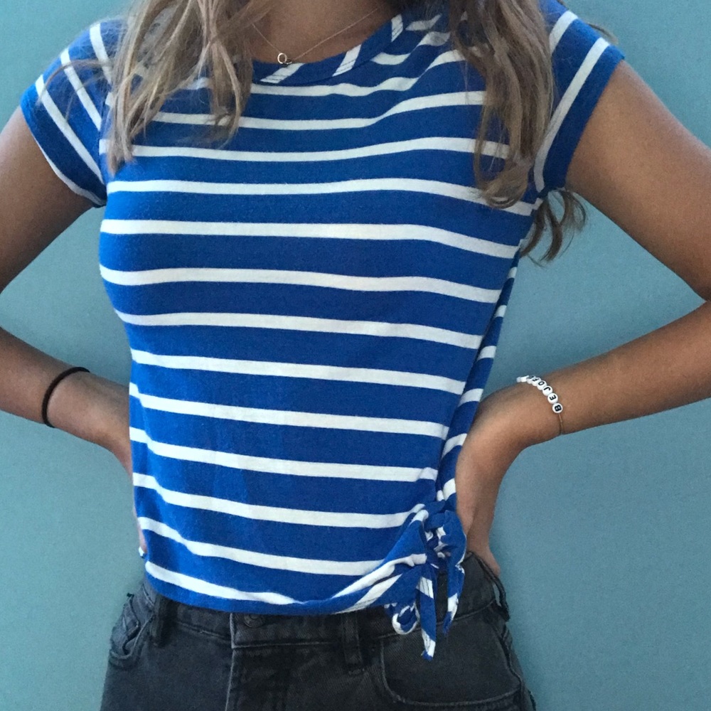 royal blue & white striped side tie tee